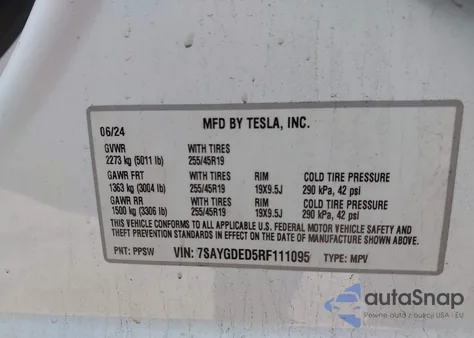 2024 Tesla Model Y Long Range Dual Motor All-Wheel Drive/Rwd из США, поврежденный, VIN 7SAYGDED5RF111095